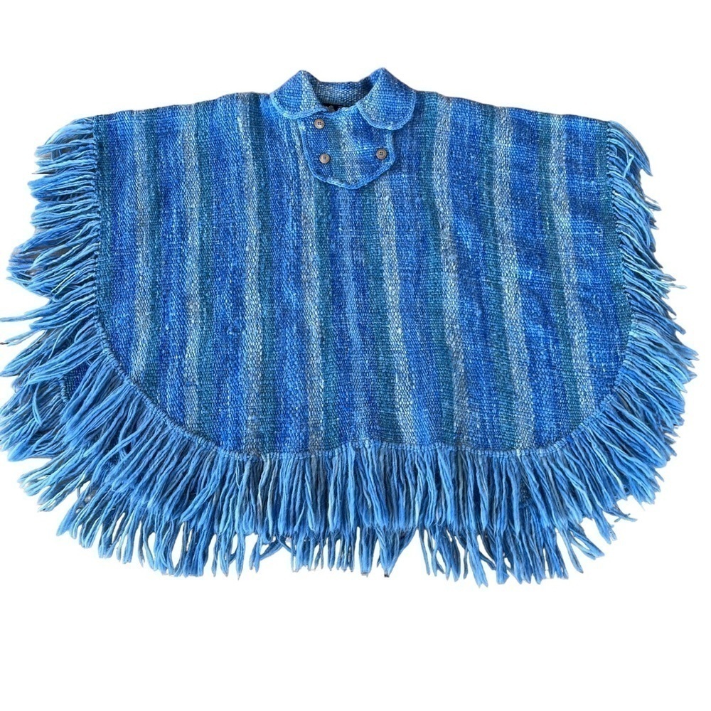 Handmade 100% Wool Fringe Poncho Artesania King Uruguay Blue Stripe Woven Medium